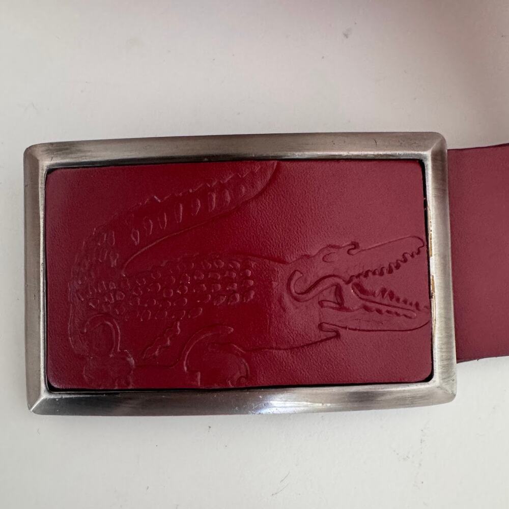 Lacoste Red Leather Belt Embossed Crocodile Logo Buckle